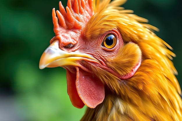 A chicken with a yellow head and red feathers