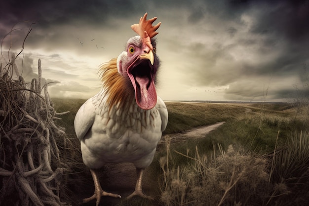 A chicken with a yellow head and red hair is on a rock with a cloudy sky in the background.