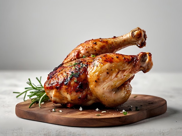 a chicken on a wooden board with parsley on the top