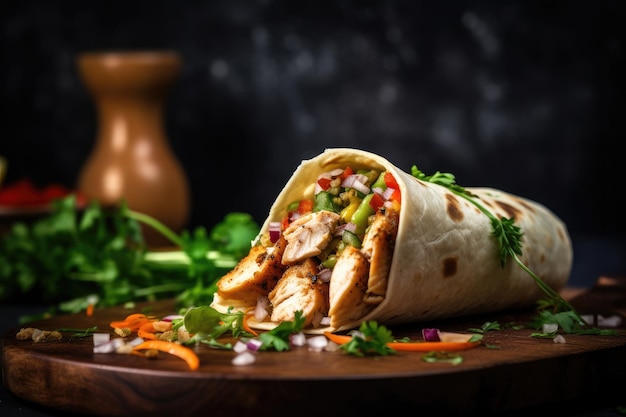 A chicken wrap with vegetables on a wooden table