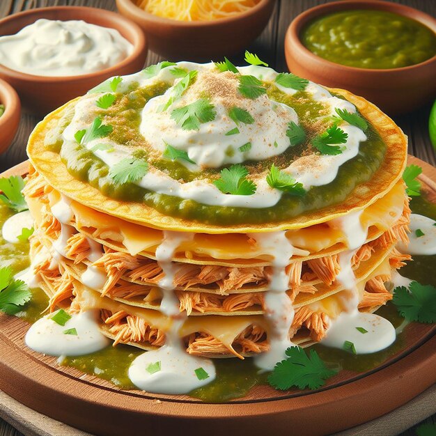 Chickenfilled Corn Tortillas with Green Salsa Melted Cheese Cilantro and Cream