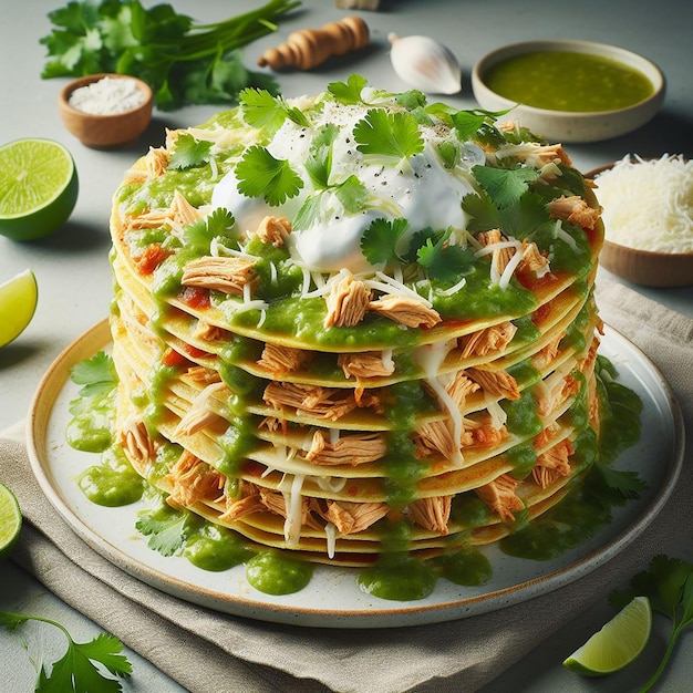 Chickenfilled Corn Tortillas with Green Salsa Melted Cheese Cilantro and Cream