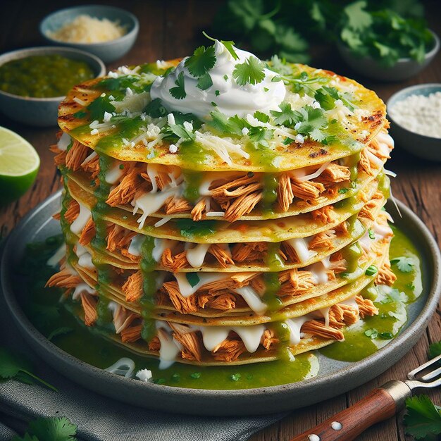 Chickenfilled Corn Tortillas with Green Salsa Melted Cheese Cilantro and Cream