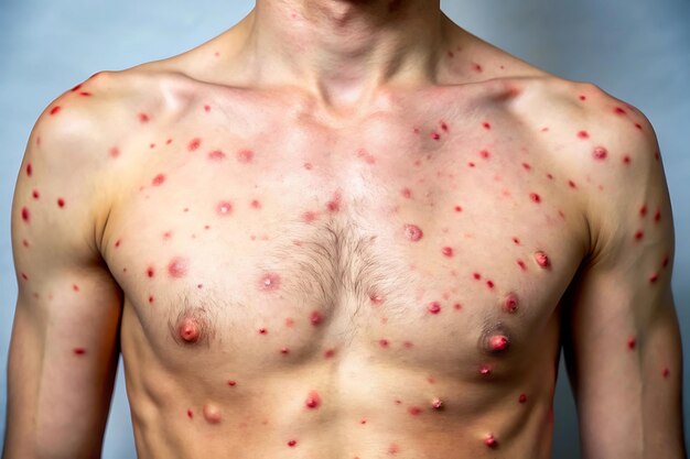 Chickenpox rash on torso with red itchy blisters