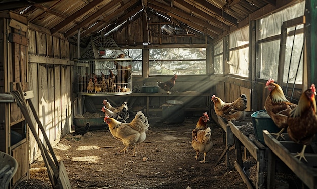 Photo chickens are in a barn with chickens in the background