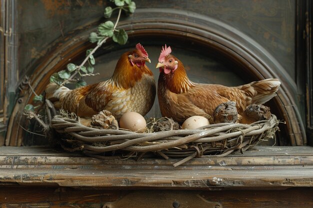 Photo chickens and eggs in basket