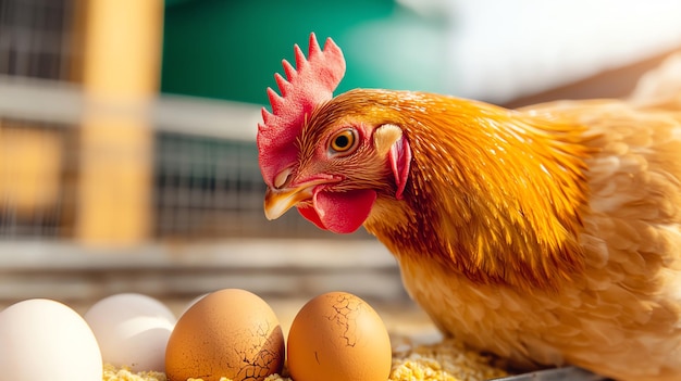 Chickens feeding and laying eggs in a farm setting