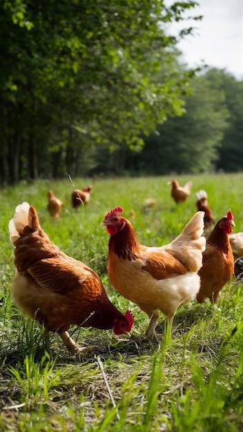 Photo chickens graze in the meadow enjoying the fresh outdoors generated by artificial intelligence