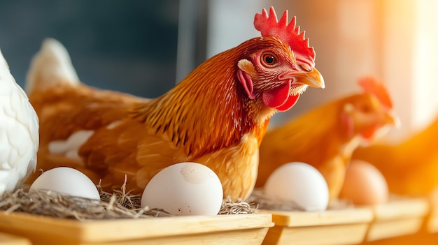 Chickens laying eggs in nesting boxes