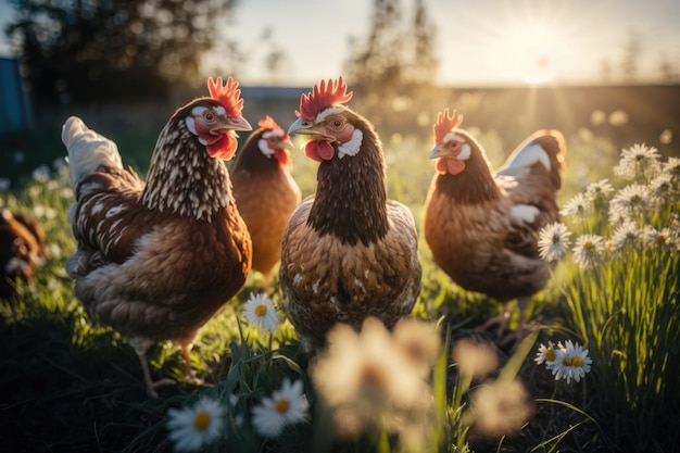 Chickens at a traditional freerange poultry farm a flock of chickens grazing on the grass AI Generation