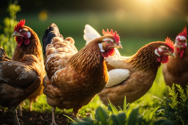 Chickens at a traditional freerange poultry farm a flock of chickens grazing on the grass AI Generation