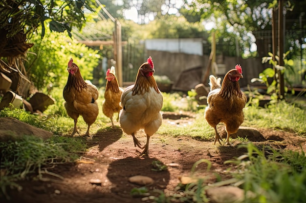 Chickens walking on the grass in the village selective focus