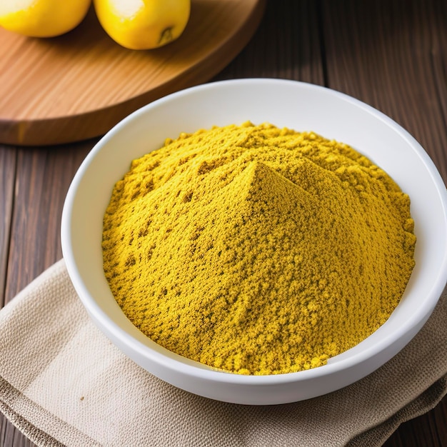 Chickpea flour in white ceramic bowl on wooden table with copy space