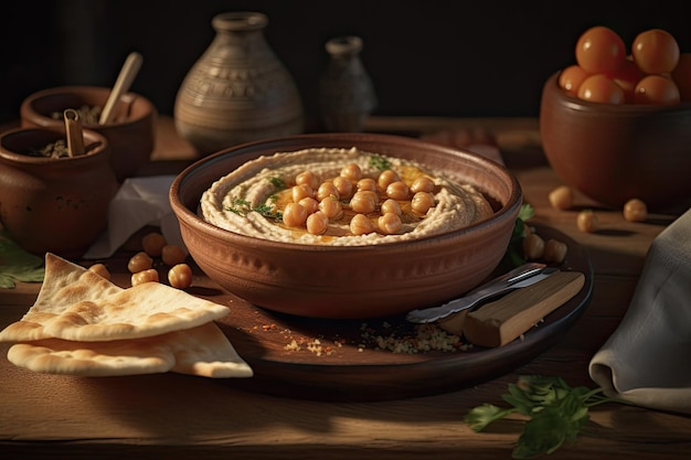 Chickpea hummus and pita bread on wooden table AI generative