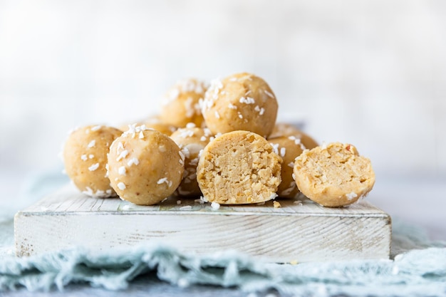 Chickpea and peanut butter candies Energy balls Healthy raw dessert without sugar Vegan truffles