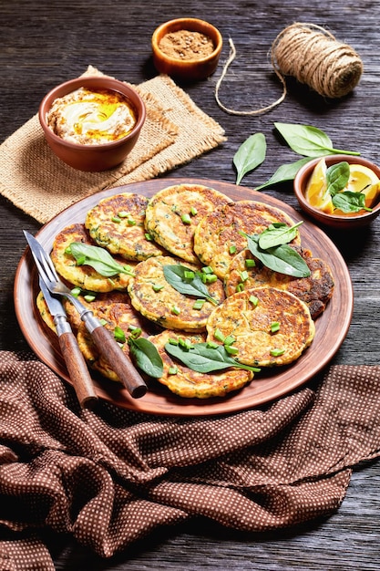 Chickpea spinach pancakes on a clay plate on a dark wooden table with hummus in a small bowl