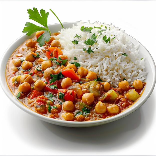 Photo chickpea and vegetable curry indian spices with fluffy basmati rice healthy food bowl isolated