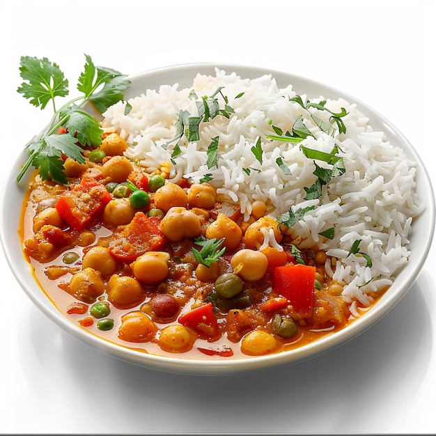 chickpea and vegetable curry Indian spices with fluffy basmati rice healthy food bowl isolated