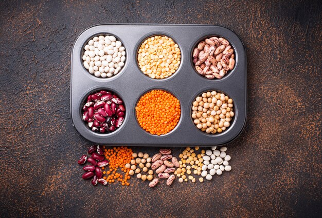 Chickpeas, red lentils, yellow peas and beans. 