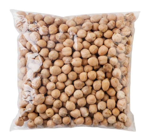 Chickpeas in a transparent package cut on a white background Isolated