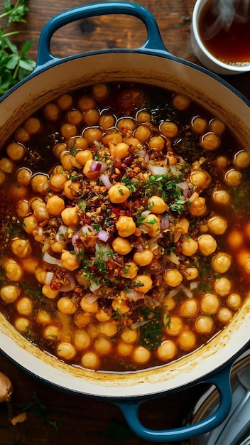 Chickpeas with spices and onions in a Dutch oven