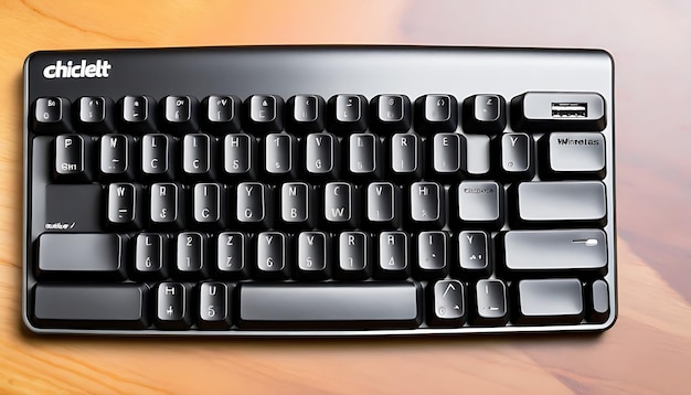 Chiclet Keyboard with Black Keys on a Wooden Background