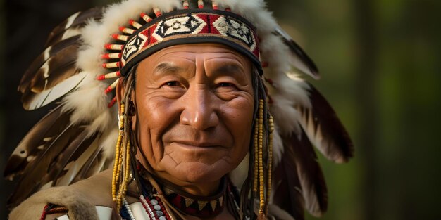 Chief of the Blackfoot Tribe in traditional attire adorned with feathers symbolizing Native American heritage Concept Portrait Indigenous Culture Traditional Attire Feathers