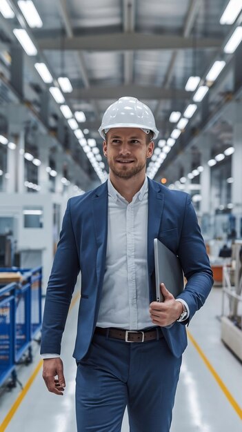 Photo chief engineer in the hard hat walks through light modern factory while holding laptop