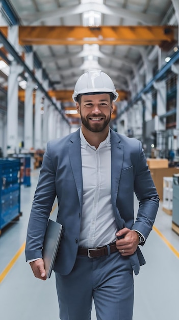 Chief Engineer in the Hard Hat Walks Through Light Modern Factory While Holding Laptop