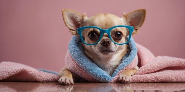 Photo chihuahua dog in blue towel and glasses on pink background