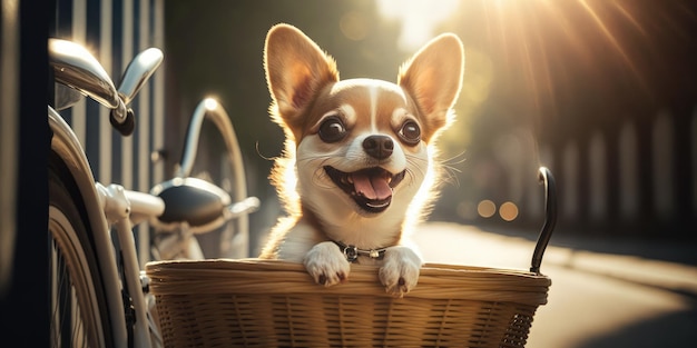 Chihuahua dog have fun bicycle ride on sunshine day morning in summer on town street