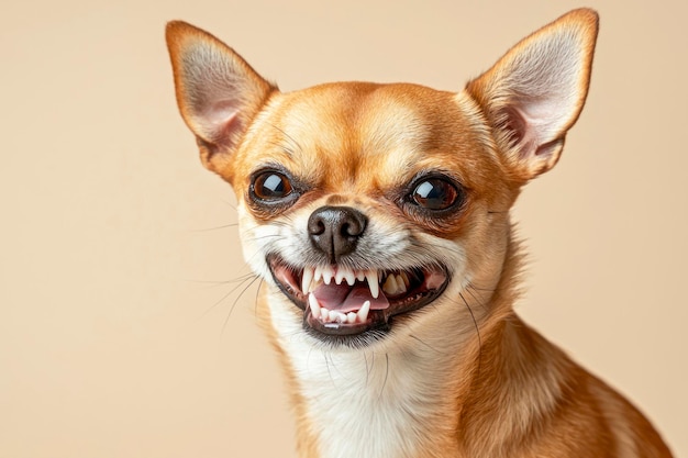 Chihuahua dog on a plain beige studio background grimacing funny evil face