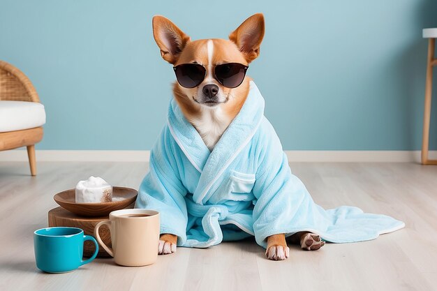 Chihuahua dog relaxing and lying in spa wellness center wearing a bathrobe and funny sunglasses drinking mug cup of coffee or tea