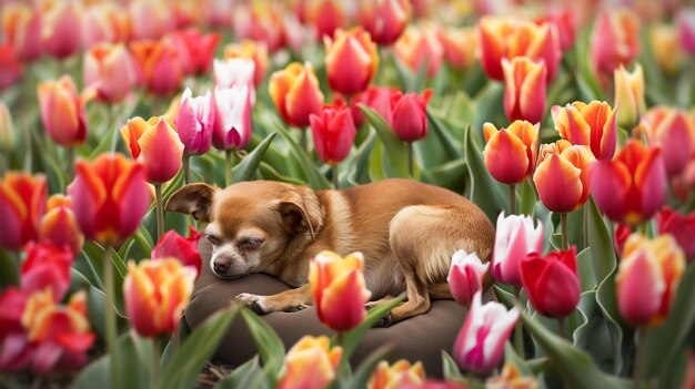 Chihuahua Dog Resting in Tulip Field