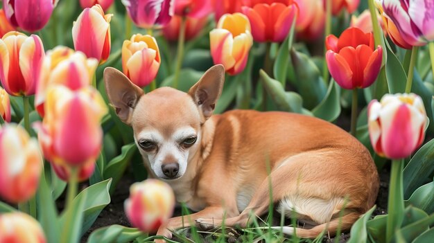 Chihuahua Dog Resting in Tulip Field