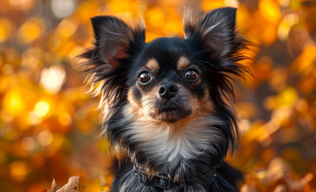 Chihuahua dog sitting on the autumn leaves