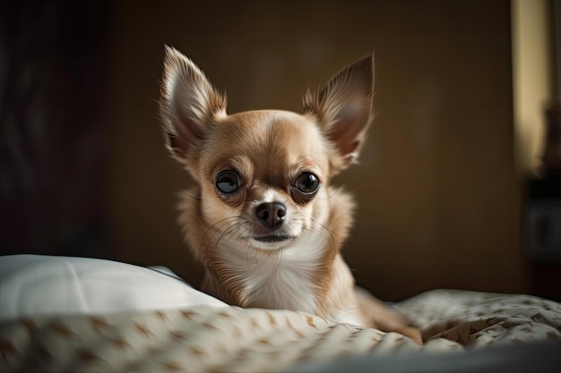 Chihuahua is a lovely small puppy resting on the bed Chihuahua in brown against a bright background