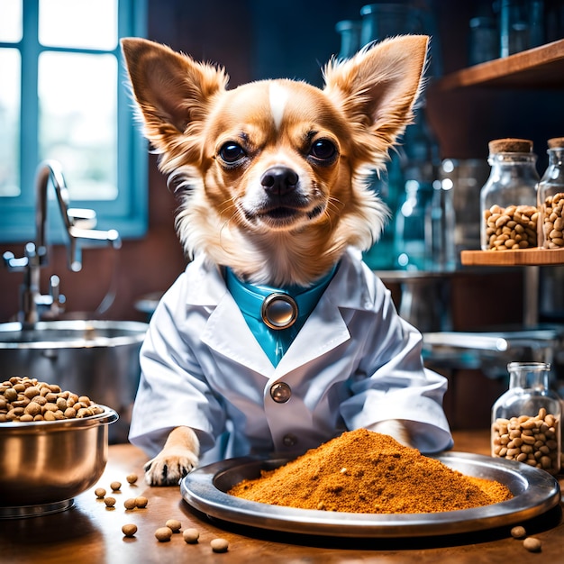 A chihuahua is a nurse a scientist dog wearing a lab coat who developed dog food This chihuahua is