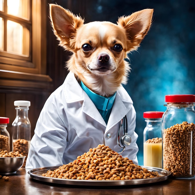 A chihuahua is a nurse a scientist dog wearing a lab coat who developed dog food This chihuahua is