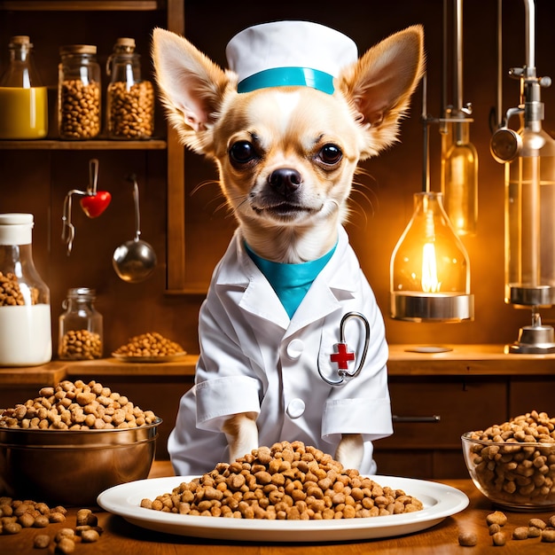 A chihuahua is a nurse a scientist dog wearing a lab coat who developed dog food This chihuahua is