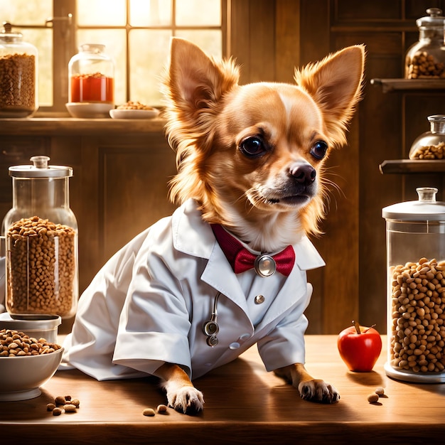 A chihuahua is a nurse a scientist dog wearing a lab coat who developed dog food This chihuahua is