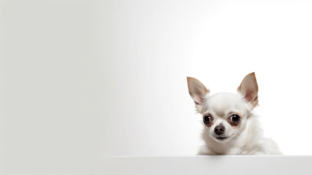 A chihuahua is sitting on a table and looking out of the window.