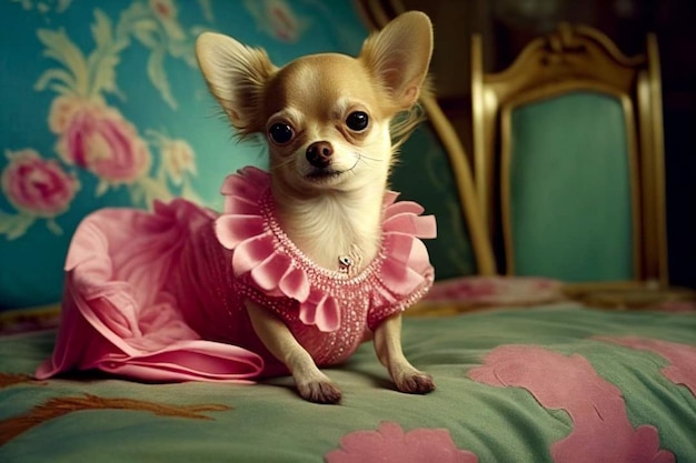 A chihuahua in a pink dress is sitting on a couch.