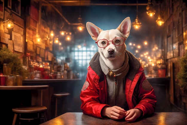 Chihuahua in a red autumn jacket on the street of a night cityThe dog is dressed like a personDigital creative designer art