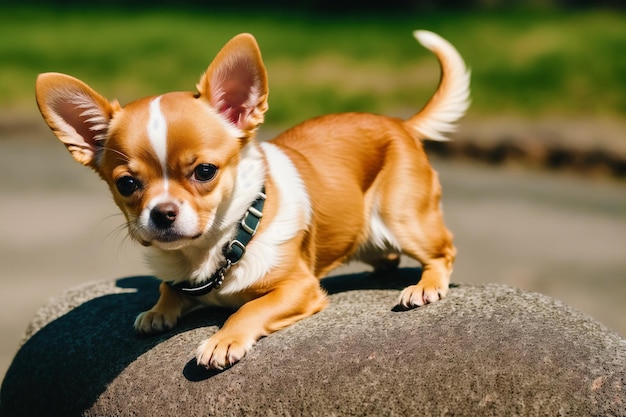 Chihuahua on a rock in a park