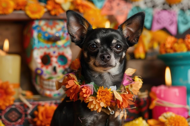 Photo a chihuahua wearing a marigold garland in front of a vibrant dia de los muertos altar with colorful skulls and candles ai