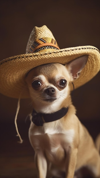 A chihuahua wearing a sombrero hat is wearing a sombrero.