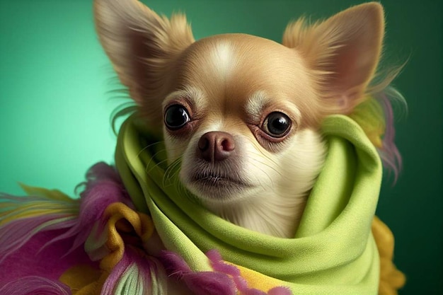 A chihuahua with a green scarf and a green scarf.