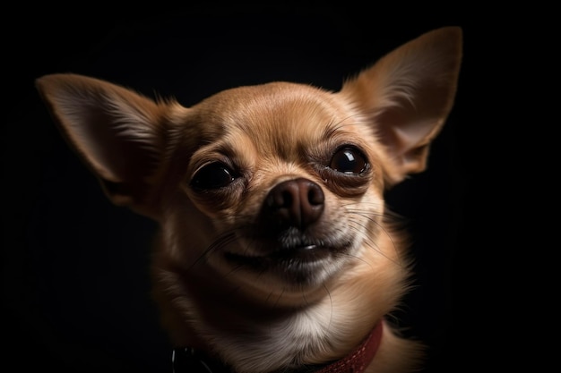 A chihuahua with a red collar is shown on a black background.