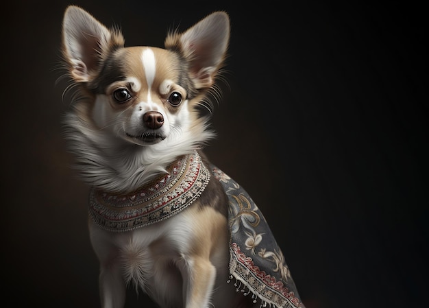 A chihuahua with a scarf that says " i love dogs " on it.